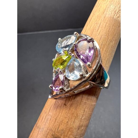 Vintage multi gemstone sterling silver cluster ring size 7 - Picture 14 of 16
